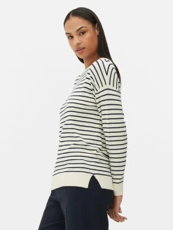 Camisola Malha Fina Decote Barco Riscas