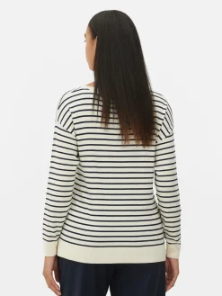 Camisola Malha Fina Decote Barco Riscas