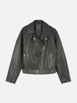 Casaco Estilo Motard Imitação Pele Desgastado