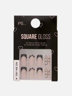 Unhas Postiças Quadradas Brilhos Corações PS...