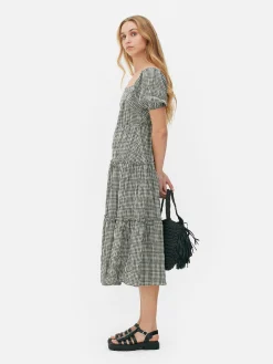 Vestido Midi Camadas Manga Balão Guingão