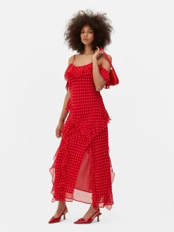 Vestido Midi Folhos Bolinhas