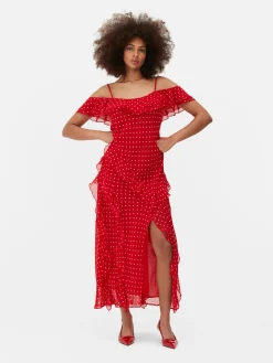 Vestido Midi Folhos Bolinhas