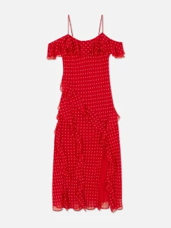 Vestido Midi Folhos Bolinhas